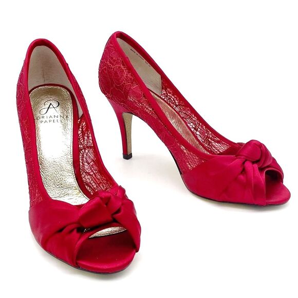 Adrianna Papell Ruby Red Satin and Lace Peep-toe Heel Dress Shoe Women’s Size 8 - Picture 2 of 14